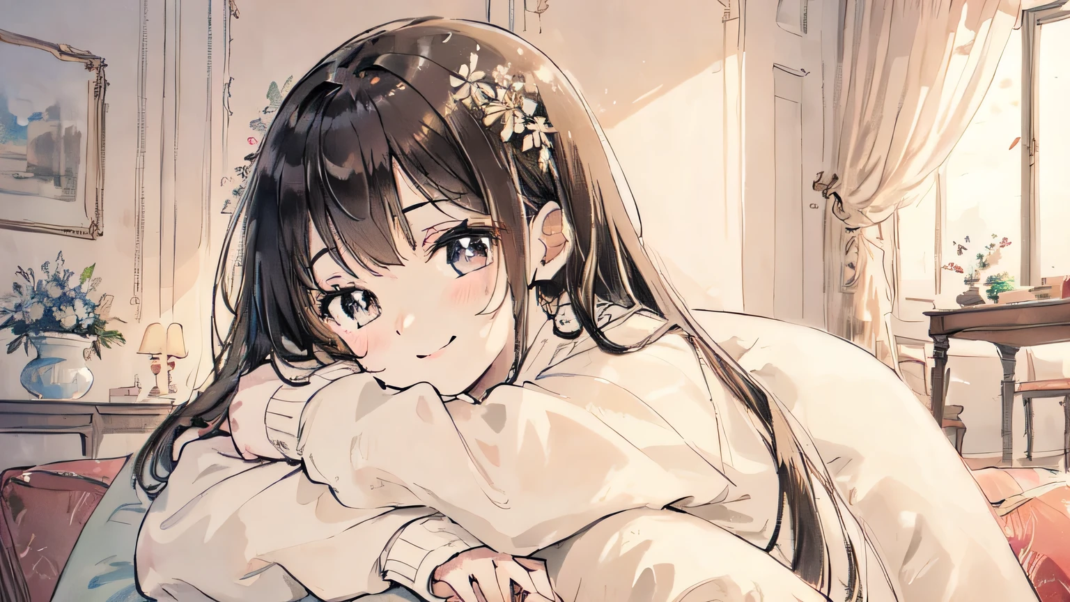 masterpiece, highest quality, Very delicate and beautiful girl,Very delicate and beautiful, sweater、room、smile、sofa