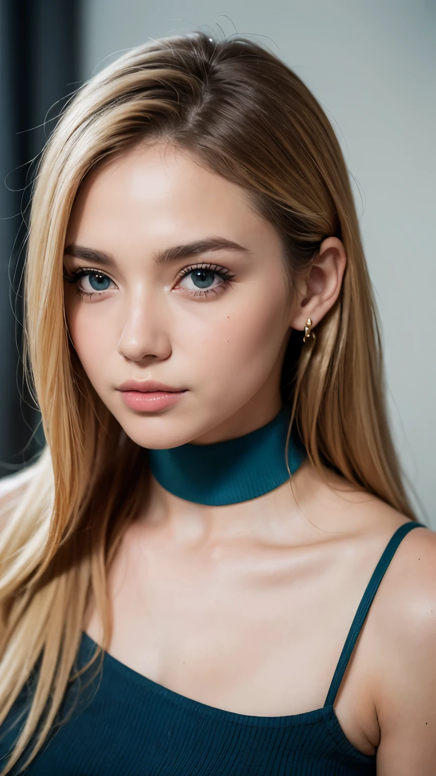 (masterpiece:1.0),(best_quality:1.0), ultra high res,4K,ultra-detailed, photography, 8K, HDR, highres, (absurdres:1.2)straight-on, upper body, solo, blonde hair, long hair, hair between eyes, blue eyes, bangs, collarbone, spiked hair, small breasts, green eyes, choker, blue t-shirt, (pleated skirt:1.2), jewelry, official art, extremely detailed CG unity 8k wallpaper, perfect lighting, Colorful, Bright_Front_face_Lighting, shiny skin, Kodak portra 400, film grain, blurry background, (bokeh:1.2), lens flare, (vibrant_color:1.2), professional photograph, (beautiful_face:1.5),
