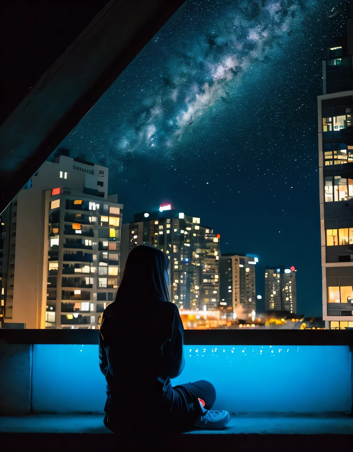Octane, null, star (null), scenery, starry null, night, One girl, night null, alone, Outdoor, building, cloud, milky way, Sitting, wood, Long Hair, city, silhouette, cityscape