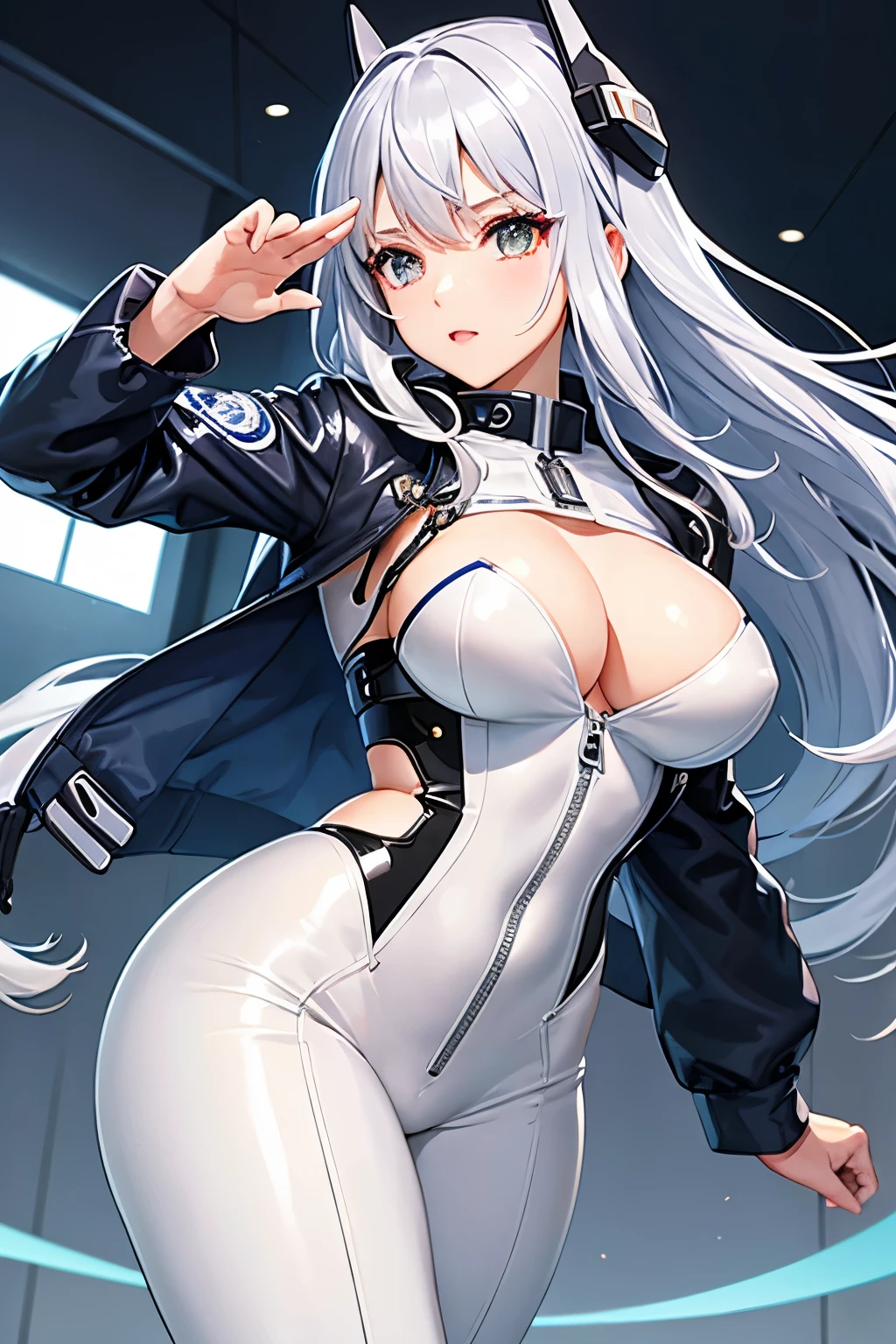 （（（highest quality、first-clasasterpiece、Normal body、8k、Detailed face、Ultra-precision、Normal hand、Normal finger、５Finger、）））Brightly colored hair、Silver Hair、Tight-fitting enamel pilot suit、Thin patent leather pilot suit、See-through enamel pilot suit、Change of clothes、Starts taking off pilot suit、Unzip the front of the pilot suit、Grab the zipper on your chest、Showing off、White pants、White bra、Change of clothesを見せつける、Showing off her bra、Postures that emphasize the chest、Salute while taking off、Nipples勃起、Nipples