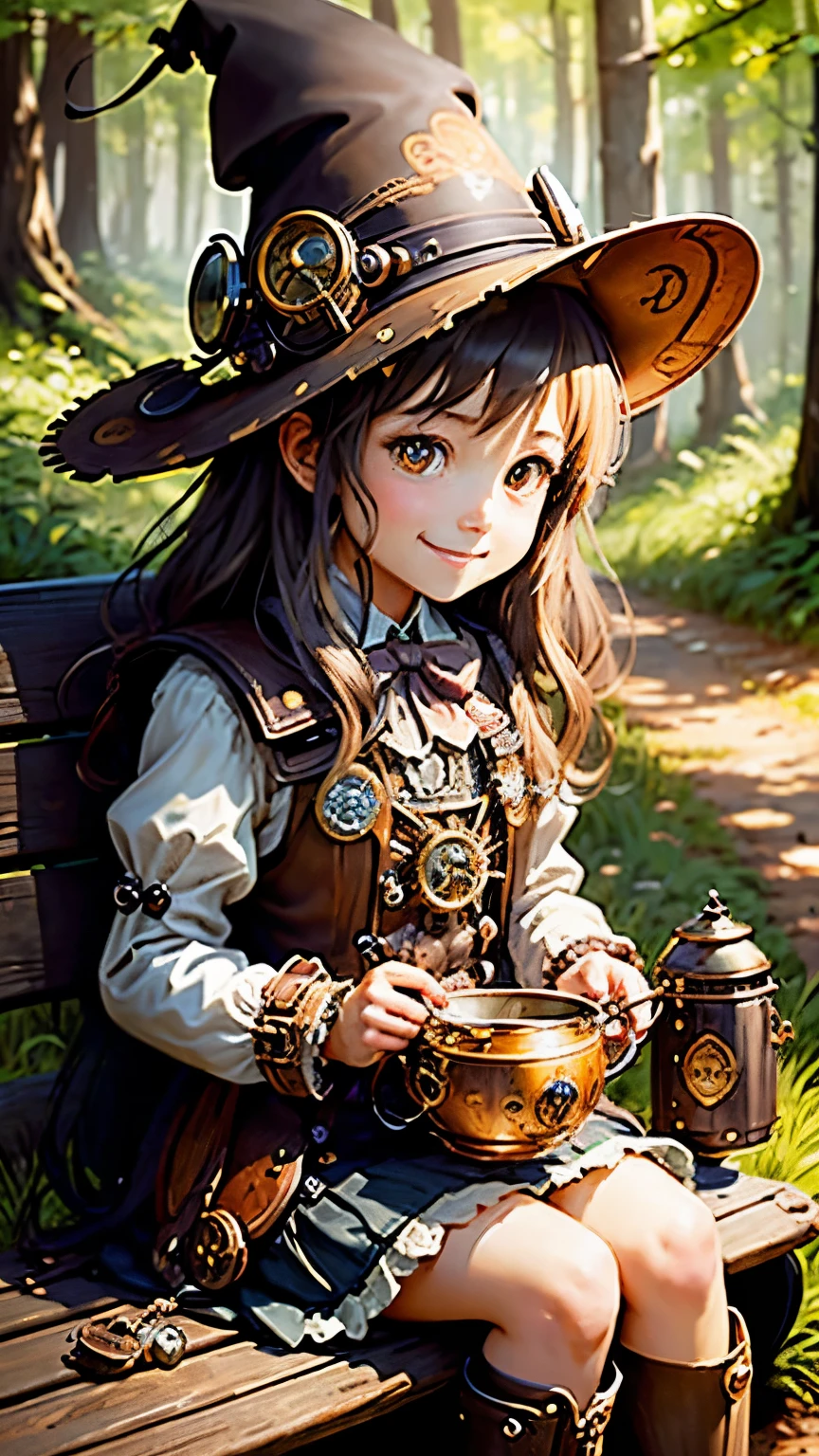 steampunkai。highest quality。Masterpiece。Detailed details。One Girl。little cute witch。long light brown fluffy hair。Sitting on a bench on the side of the road。Hold the mess kit in your left hand。Eat the contents of the mess kit with the spoon in your right hand。Happy smile。The background is a forest with bright sunlight.。