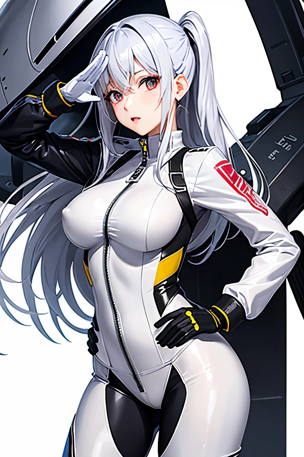 （（（highest quality、first-clasasterpiece、Normal body、8k、Detailed face、Ultra-precision、Normal hand、Normal finger、５Finger、）））Brightly colored hair、Silver Hair、Tight-fitting enamel pilot suit、Thin patent leather pilot suit、See-through enamel pilot suit、Change of clothes、Starts taking off pilot suit、Unzip the front of the pilot suit、Grab the zipper on your chest、Showing off、White pants、White bra、Change of clothesを見せつける、Showing off her bra、Postures that emphasize the chest、Salute while taking off、Nipples勃起、Nipples