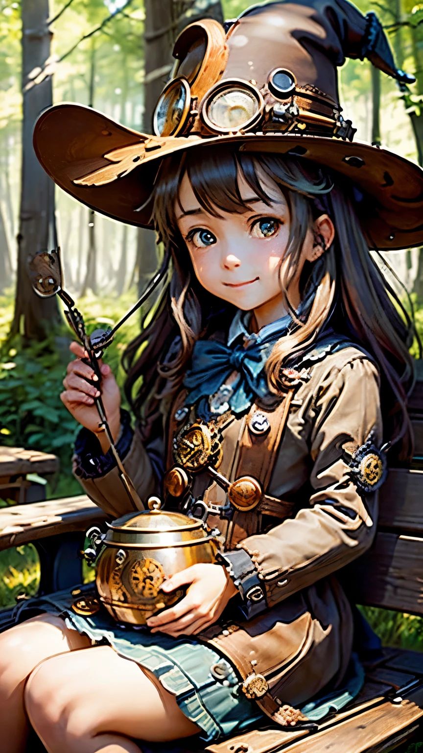 steampunkai。highest quality。Masterpiece。Detailed details。One Girl。 cute witch。long light brown fluffy hair。Sitting on a bench on the side of the road。Hold the mess kit in your left hand。Eat the contents of the mess kit with the spoon in your right hand。Happy smile。The background is a forest with bright sunlight.。