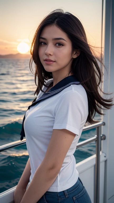 (masterpiece:1.3, realistic:1.3), best quality, ultra detailed, intricate, professional photography, HDR, High Dynamic Range, (8k UHD), RAW photo, dslr, realistic LUT, cinematic LUT, perfect lighting, professional lighting, cinematic lighting, cinematic shadows, iridescent lighting , 1girl,solo,long hair,natural breasts,looking at viewer,smile,brown hair,black hair,brown eyes,short sleeves,cowboy shot,sailor dress,dynamic pose,sailor collar,lips,on the ship,the crew,ocean background,water craft,afternoon,sunset,orange sky,reflexion,wind,floating hair,