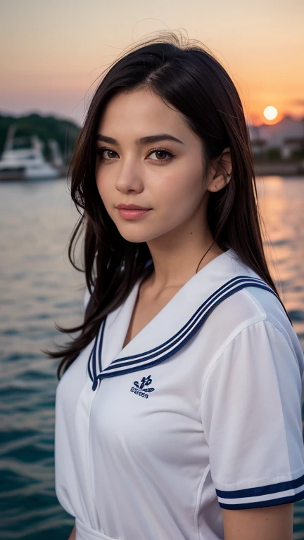 (masterpiece:1.3, realistic:1.3), best quality, ultra detailed, intricate, professional photography, HDR, High Dynamic Range, (8k UHD), RAW photo, dslr, realistic LUT, cinematic LUT, perfect lighting, professional lighting, cinematic lighting, cinematic shadows, iridescent lighting , 1girl,solo,long hair,natural breasts,looking at viewer,smile,brown hair,black hair,brown eyes,short sleeves,cowboy shot,sailor dress,dynamic pose,sailor collar,lips,on the ship,the crew,ocean background,water craft,afternoon,sunset,orange sky,reflexion,wind,floating hair,