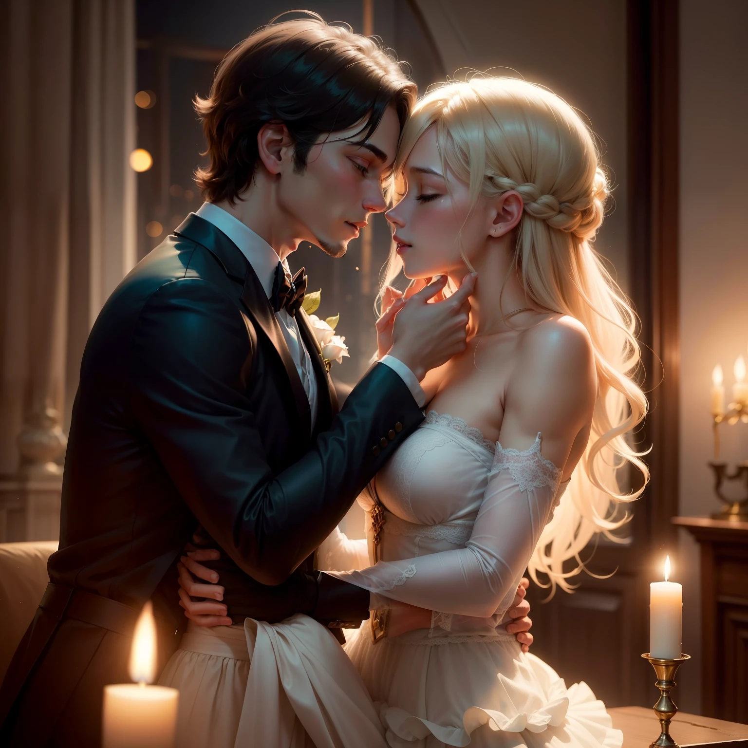 Two young, effervescent gentlemen engaged in a tender, intimate moment, their bodies entwined in a dance as old as time, bathed in the soft glow of candlelight. The air between them charged with electric energy, their connection raw and undeniable. A testament to love in all its forms, this scene radiates an unspoken narrative of courage, acceptance, and passion.