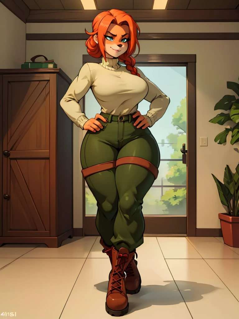 (best quality,4k,8k,highres,masterpiece:1.2),ultra-detailed,realistic:1.37,portrait, anthro very sexy bandicoot  girl lesbian redhead, braided hair, beautiful green eyes, seductive, warm sweater, camouflage  trousers, army boots, smirking, cozy lighting, vibrant colors. Futanari, lewd, 