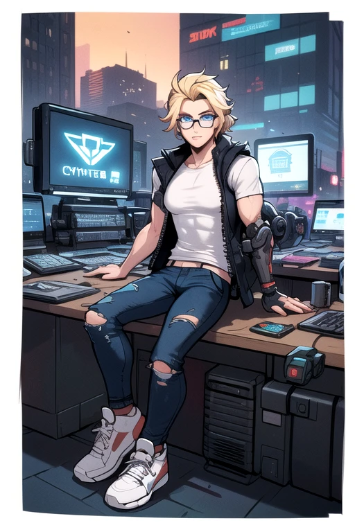 MetallAi, ((best quality)),((Masterpiece)),(detailed), perfect face, ((male,)) ((blonde hair,)) ((blue eyes,)) ((ripped jeans)) ((blue tactical suit,)) cyber corporation, ((cyberpunk,)) ((glasses,)) ((drons)) ((handsome)) ((robot hands)) ((computers,)) ((hacker,)) ((blue Coldfront Down Vest,)) technology, android, ((white t-shirt,)) stand, future, men, cyborg arms, full body, white red sneakers,
