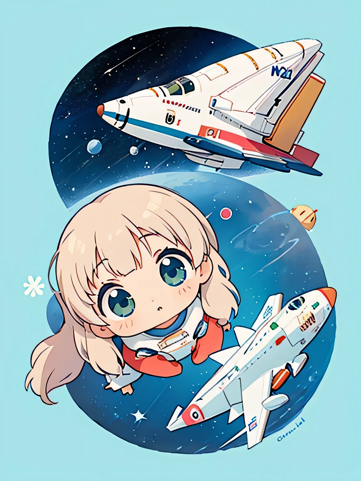 hayao miyazaki style, Kawaii Design, The most beautiful girl of all time、Chibi, Cute Alien、space shuttle、