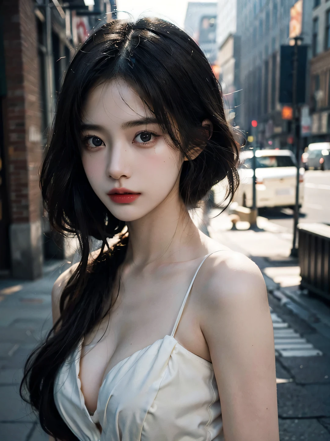 1girl, (looking at viewer:1.2), detail face, (a girl standing, rending on cgsociety, black shadows, streaming, new york backdrop), romanticism, atmospheric, (RAW photo, best quality), (realistic, photo-realistic:1.3), masterpiece, an extremely delicate and beautiful, extremely detailed, D cup，Cleavage translucent white tube top 1.5，