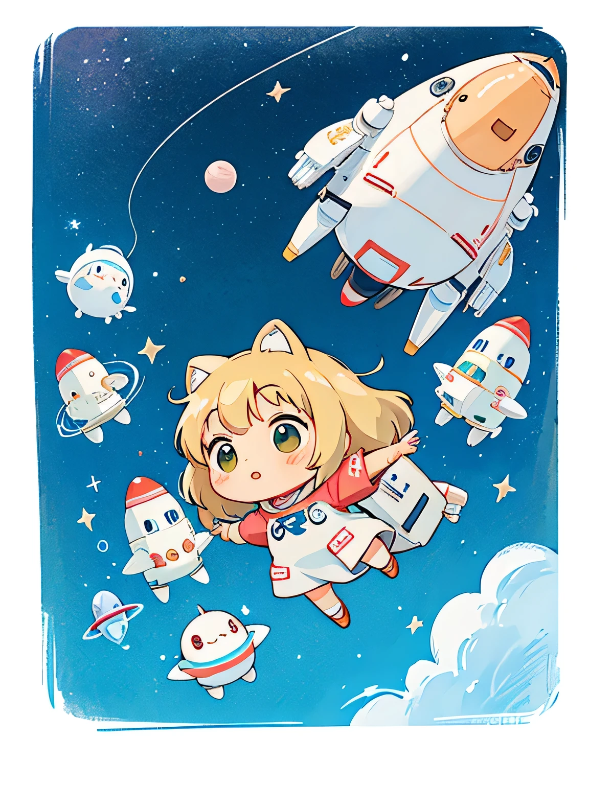 hayao miyazaki style, Kawaii Design, The most beautiful girl of all time、Chibi, Cute Alien、space shuttle、