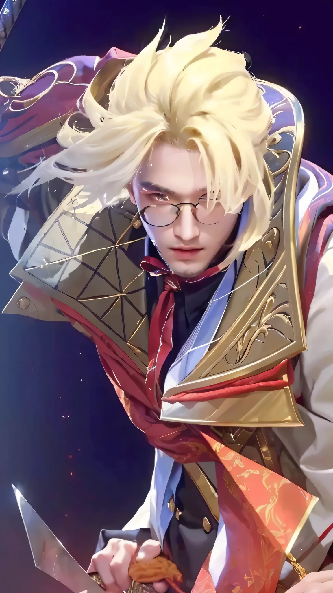 boy a close up of a person with a sword and a suit,