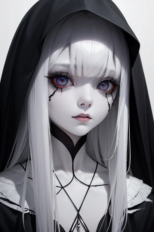 Scary cloaked indonesian female ghost with dark grey eyes, white pale skin, , black background, close-up, horror, dark and haunting, hyperrealism, ultra-detailed,