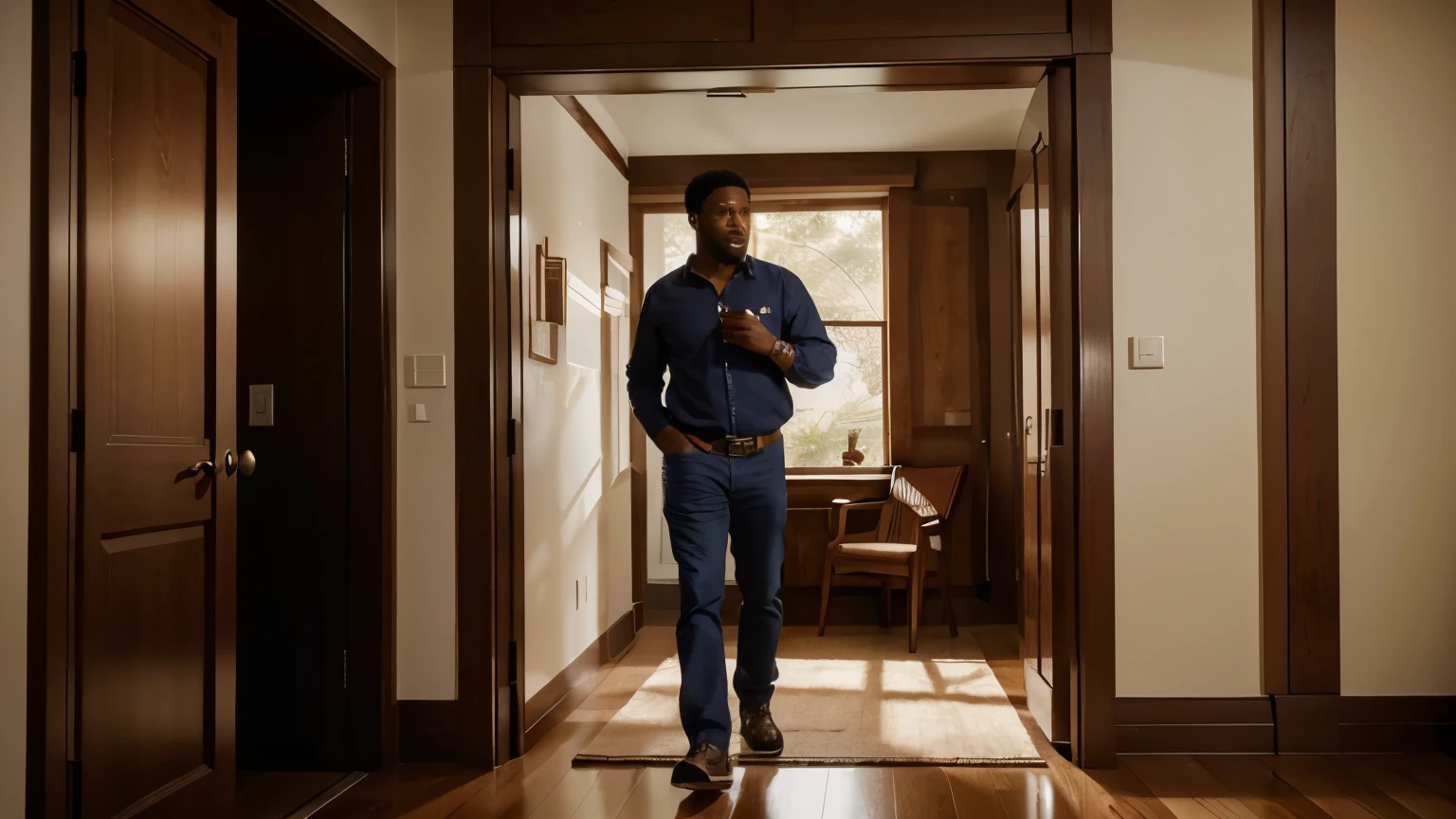In a realistic portrayal, the image captures an indoor scene where an individual stands by an open door, a black man with woolly curly-hair appearing to be in his Late-40s plus, clad in a navy blue collared shirt, holding a white object in his hand, suggesting an action or task at hand. The room is adorned with rectangular shapes that could be frames or decorative panels, adding an artistic touch to the space. The floor’s square tiles in shades of brown and red contribute to the room’s warm palette.