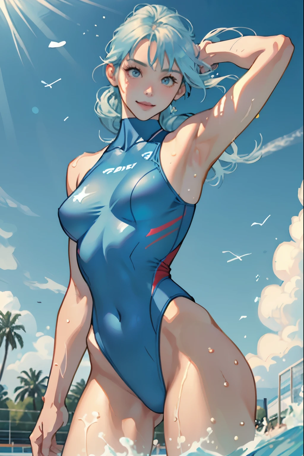 masterpiece、highest quality、High resolution、Two realistic girls、Competitive swimmer、Close-up of a person、Wearing a light blue bodysuit、During Competitive swimmerics competitions、smile、Swimming Venues、Sexy competitive swimsuit 