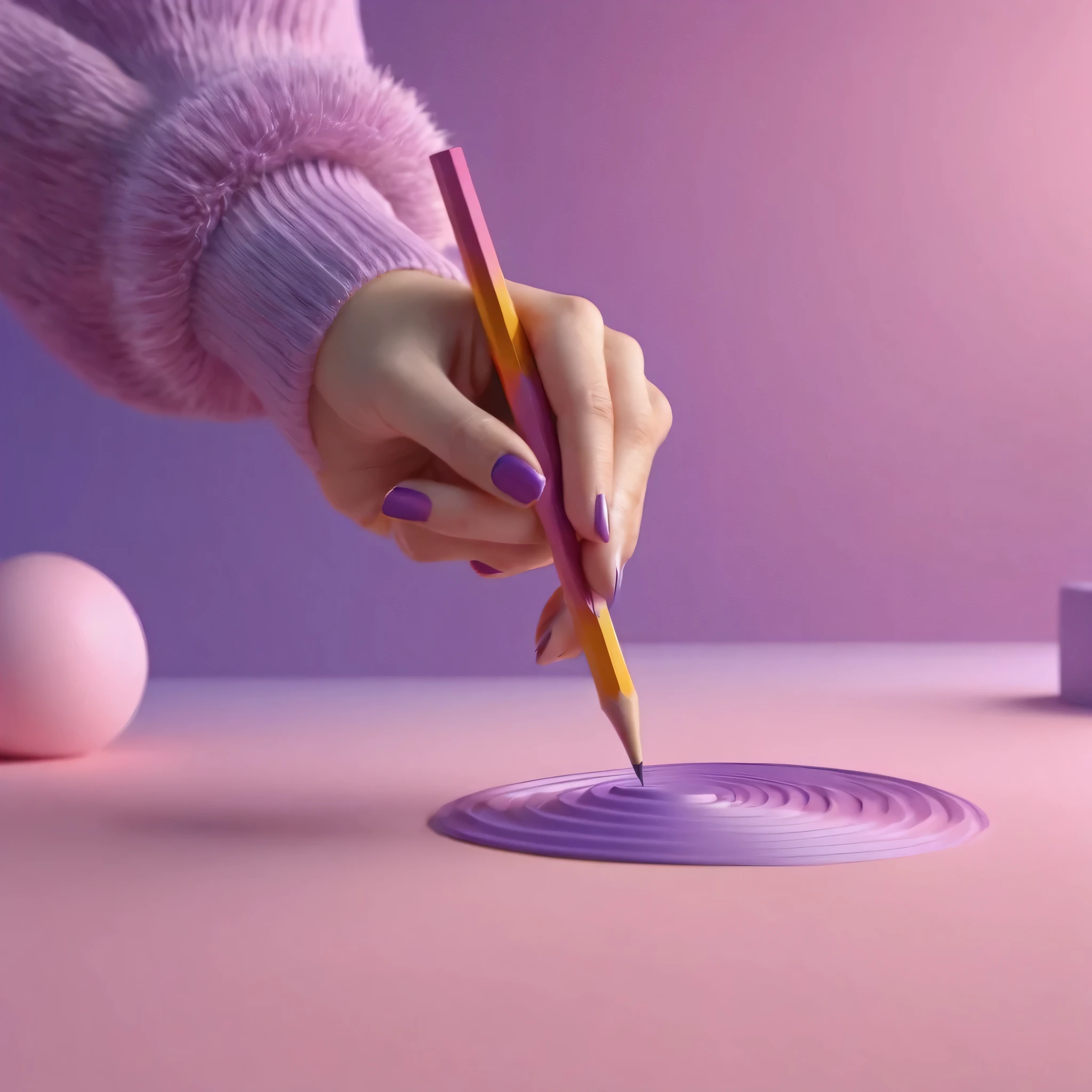 woman hands holds pencil, minimalistic, in a light purple and pink style, with soft edges and blurred details, in the toycore style, with a 3D render, on a colorful background, with a minimalist stage design, in a surreal style, with a cinema4D rendering, with a minimalist style, with low saturation, using gradient colors, with a cinema4D rendering, with a blender rendering, with super detail, at a super high resolution, at a super high definition.