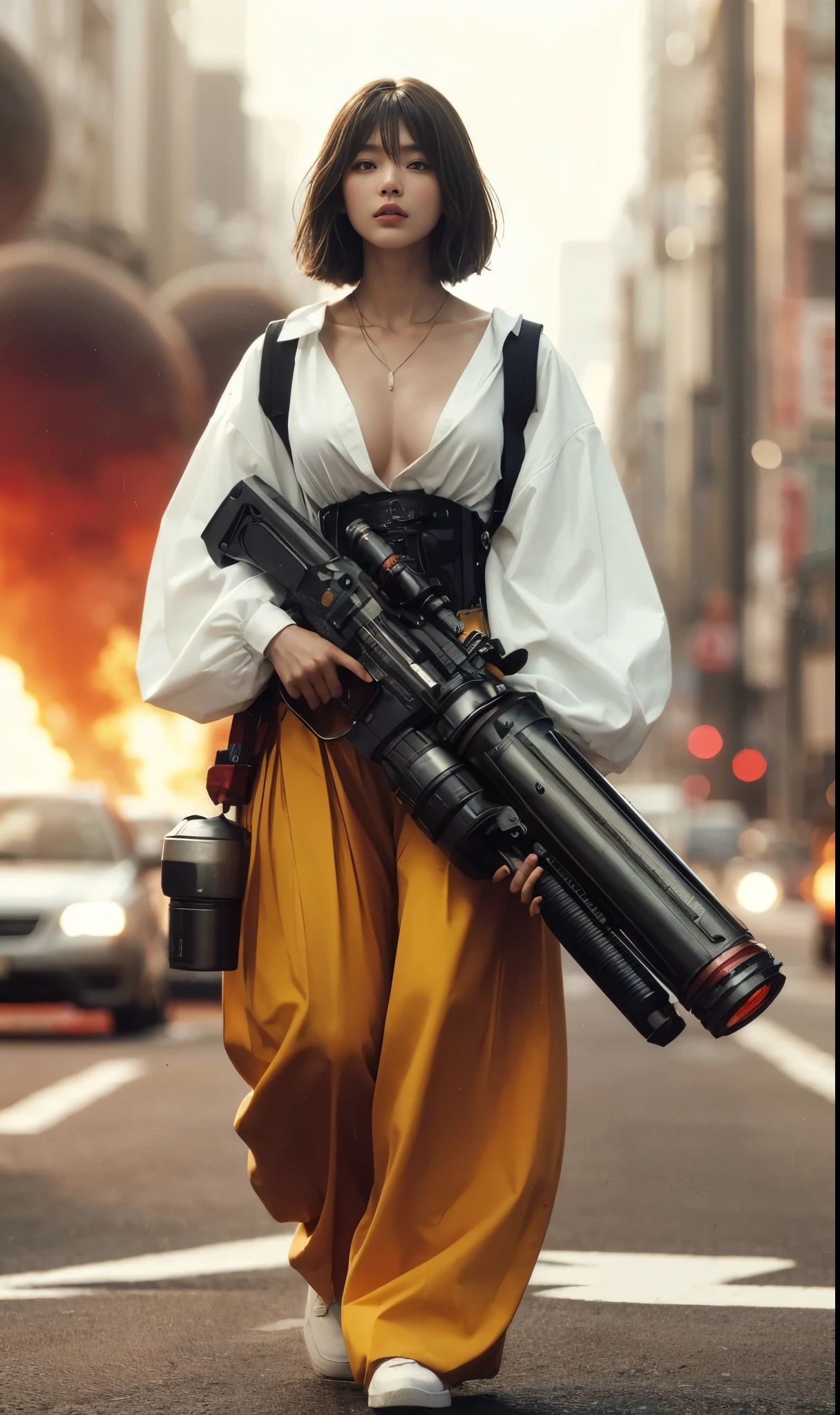 ８ｋ,Realistic Skin Texture、Realistic Photo、Beautiful Japanese Women、Near future、ＡＤ2050、White oversized dress shirt、Brightly colored wide pants、Holding a large, well-used laser gun、Carrying an energy pack、sneakers、Fire in the distance、noon、Dynamic pose、Innovative composition、、