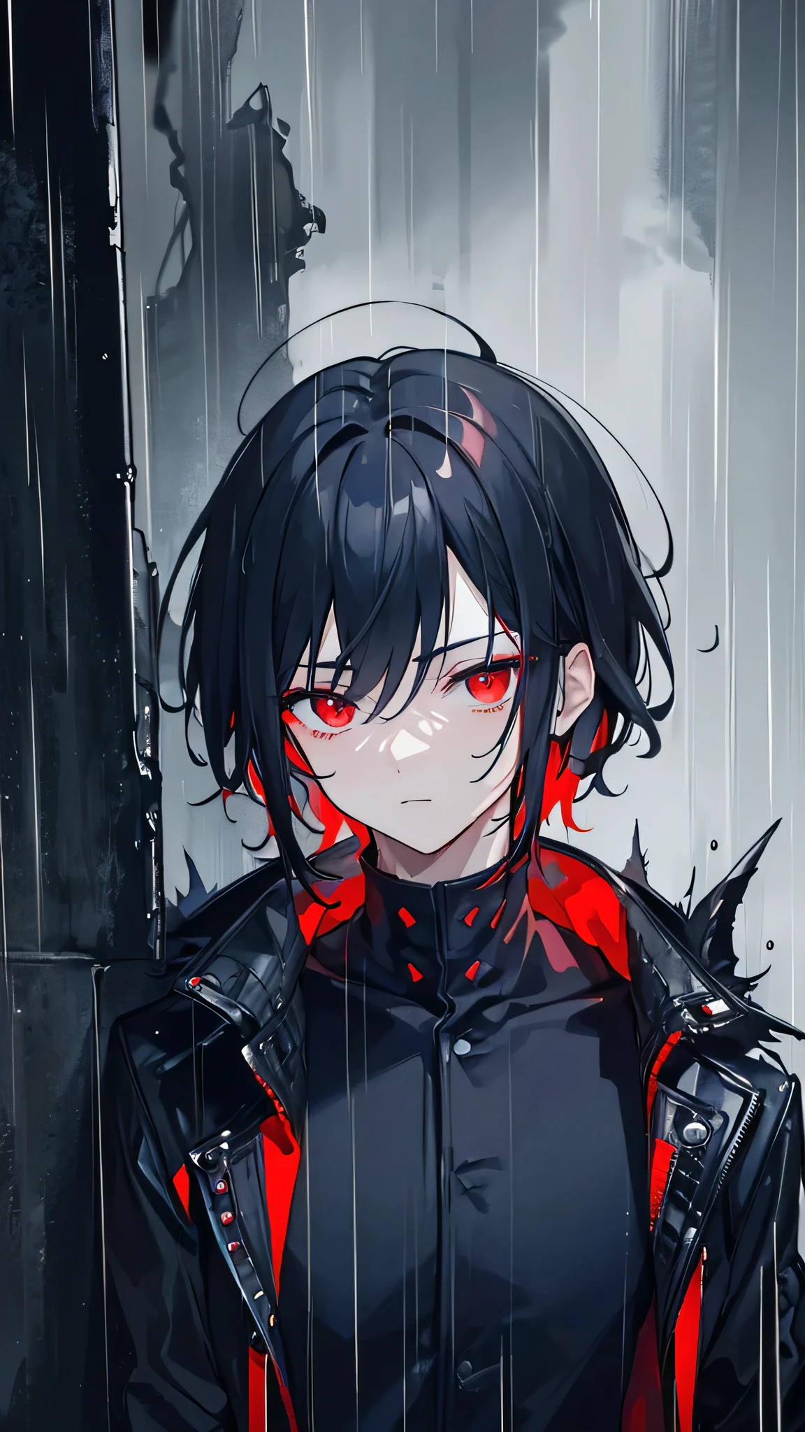 masterpiece,best quality,1boy,male focus,looking at viewer,solo,upper body,monster,black hair, red eyes, loud background, no obscurity, clear, dark and grim, rain, sideways, monster in background, ominous clouds, rain, clothes, blue aura background contrast, system window, portal