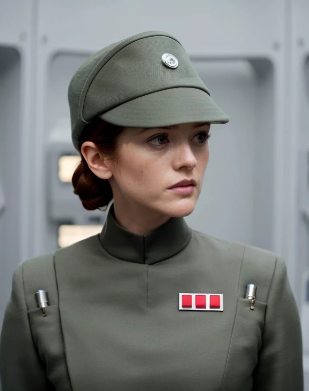 fashion photography of Rose Leslie in olive gray imperialofficer uniform and hat, auburn hair in small tight bun, smooth pale white skin, sad, sci-fi Death Star control room, sharp focus, dlsr, ultra sharp, professional Photographer, film grain, very detailed skin texture, photorealistic, no makeup