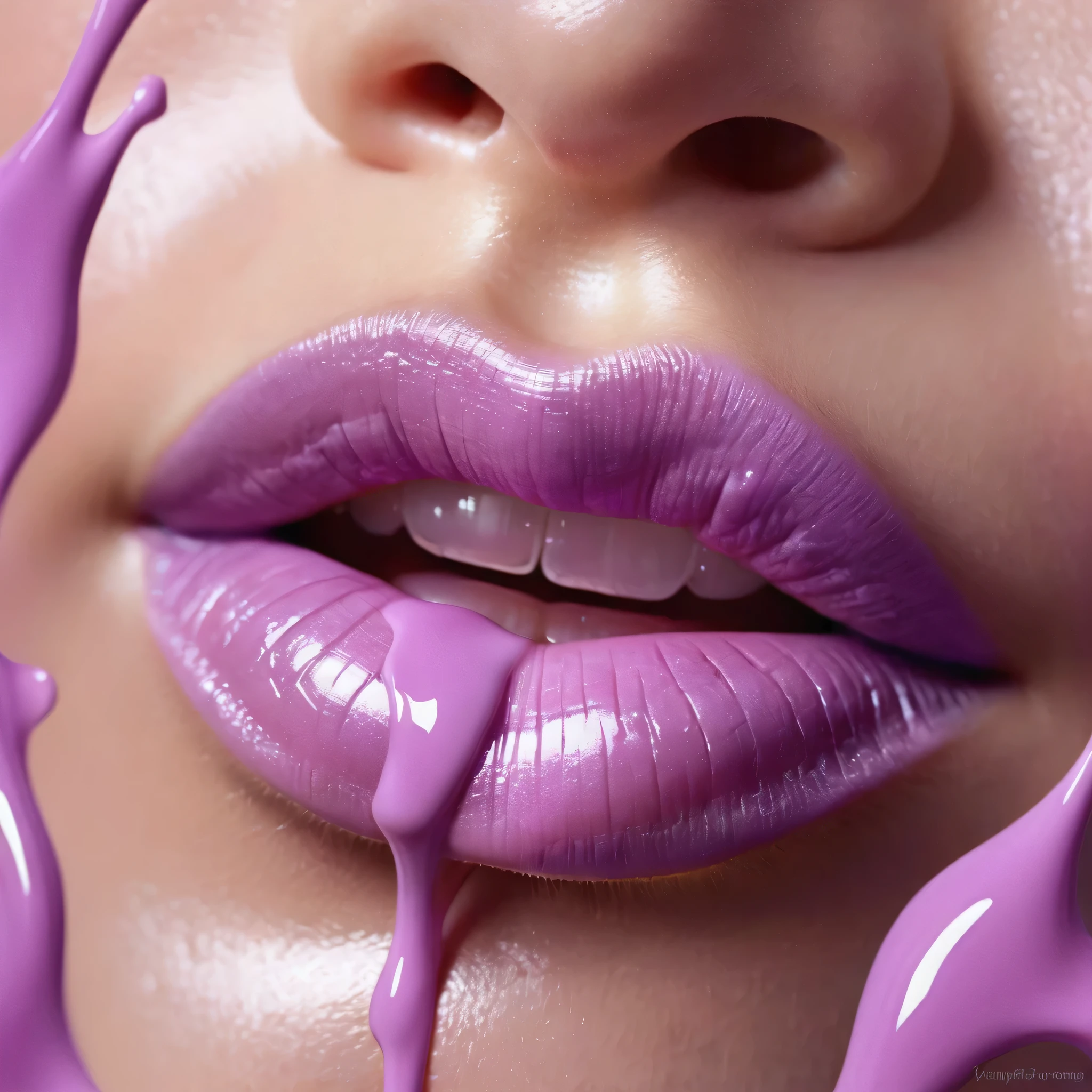 lips floating on top of a pink liquid surface, wet lips, glossy lips, glossy digital painting, sexy lips, luscious lips, beautiful lips, glossy and drippy, pink lips, lipgloss, glossy, in a light purple and pink style, inspired by Yanjun Cheng, full glossy lips, thick lips, made of liquid purple metal, glossy surface, smooth 3d illustration