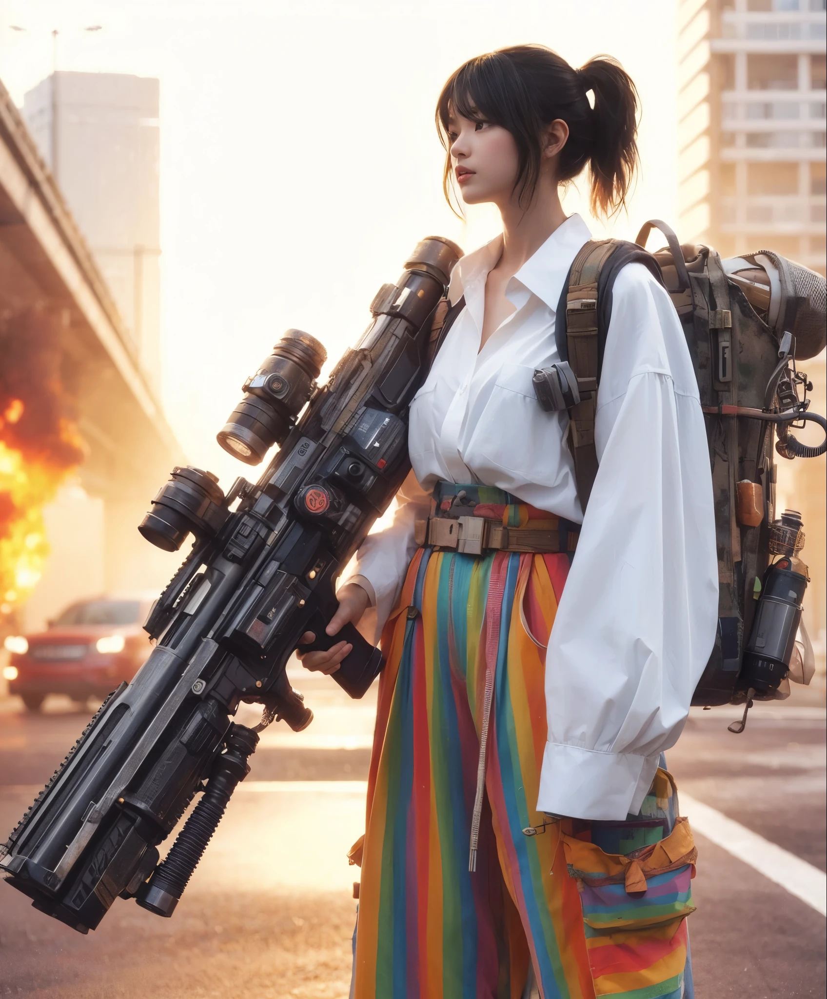 ８ｋ,Realistic Skin Texture、Realistic Photo、Beautiful Japanese Women、Near future、ＡＤ2050、White oversized dress shirt、Brightly colored wide pants、Holding a large, well-used laser gun、Carrying an energy pack、sneakers、Fire in the distance、noon、Dynamic pose、Innovative composition、、