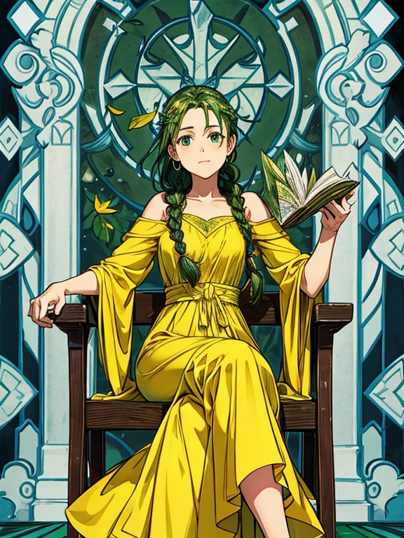 the woman is sitting with braided hair wearing a green, slightly yellow dress, during the day, there are leaves 