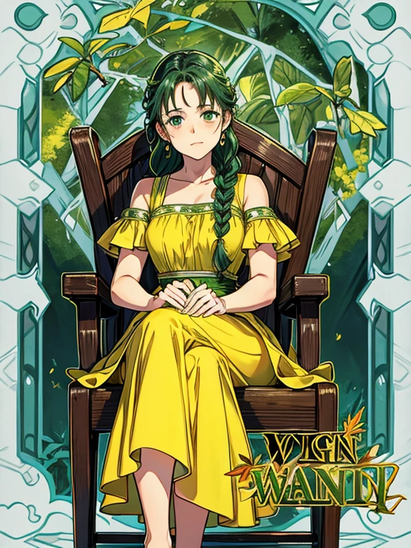 the woman is sitting with braided hair wearing a green, slightly yellow dress, during the day, there are leaves 