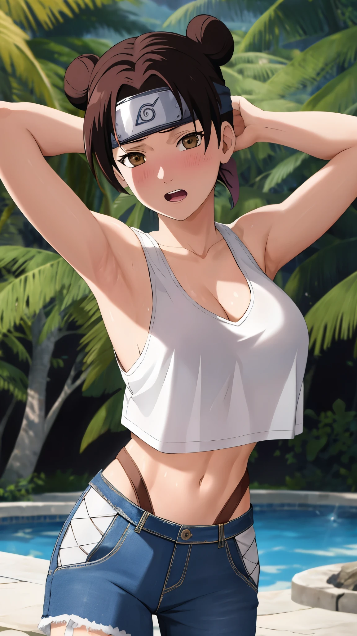 masterpiece, absurdres , (intricate details), (colorful),cinematic lighting,bust shot,extremely detailed CG unity 8k wallpaper,tenten\(shippuden\), 1girl, solo, large breasts, forehead protector, konohagakure symbol, headband, looking at viewer, poolside, (white tank top), ripped jeans, midriff, standing, (blushing), hands behind head, cleavage, (wide open mouth),