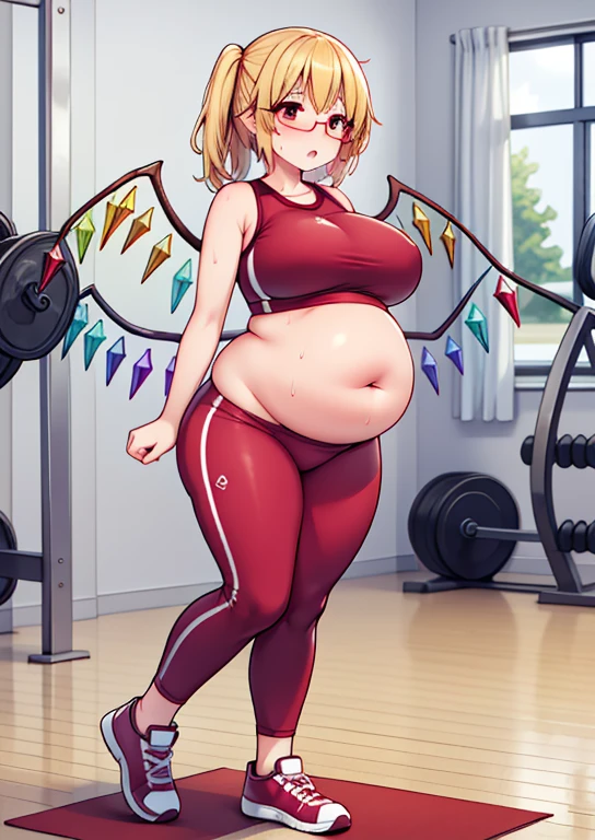 (masterpiece, best quality, highly detailed), 1girls, big belly, huge belly, art by kipteitei, round belly, chubby, curvy, belly grab, enormous belly, fat belly, thicc, bigger belly, really big belly, jiggly belly, glasses, gym clothes, ((sweating)), very tight breasts, ((full body)), (grown up), (milf), flandre scarlet