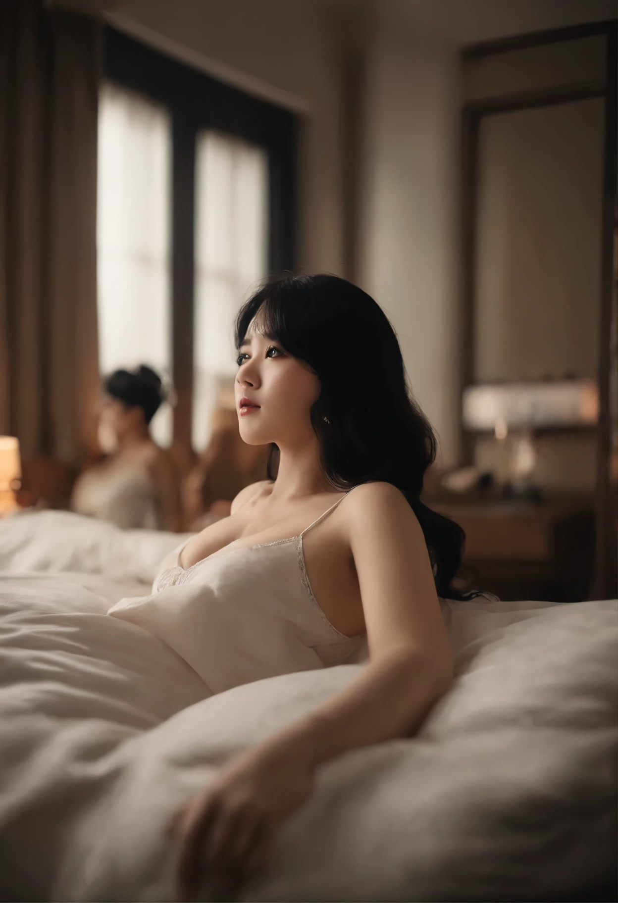 10th Generation、bed、Korean、With bangs、Big eyes、large eyelashes、Black Hair、bed、naked、tits、Nipples、cute