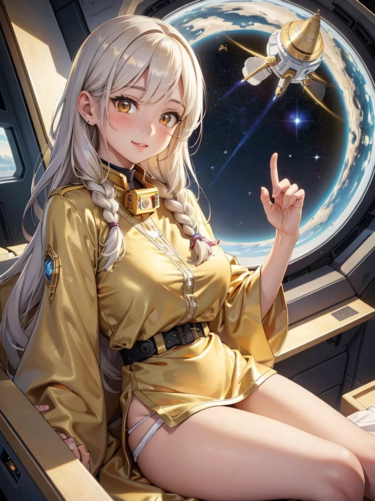 masterpiece、highest quality、High resolution、high quality images、8K, 1 female、skin luster、skin texture、Expression of fine eyes、Girl with long braided hair, realism, Detailed manga style, manga art style, perfect line drawing, beautiful line drawing, digital manga art girl,
(beautiful golden eyes:1.5), Clear, beautiful eyes、plump lips, Detailed gorgeous face, (cute smile), charm, Front view, (perfectly detailed face), (fine hands) 、(Five fingers:1.3)、
long white hair、Large Breasts、Cleavage、
(Woman looking at Earth from a spaceship window:1.3)、sit in the cockpit of a spaceship、The spaceship is flying in space、(Golden spacesuit:1.3)