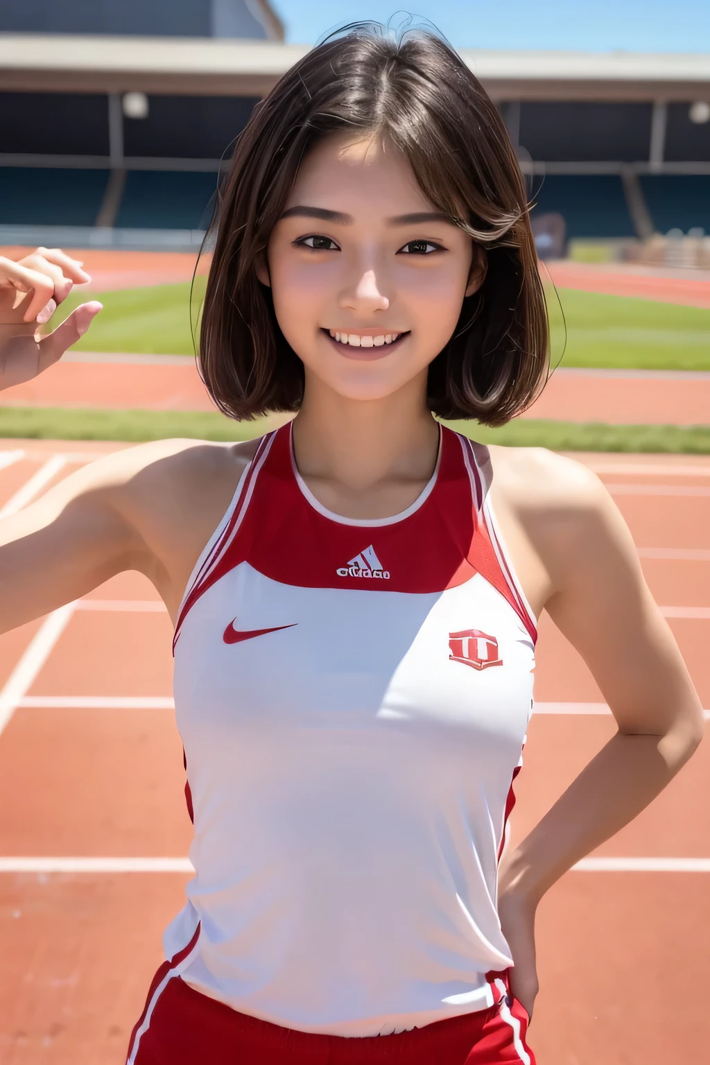 one girl, (a beauty girl, delicate girl:1.3), (16 years old, Gal:1.3), (Red sportswear:1.2), Very fine grain definition, (Symmetrical black eyes:1.3), Looking into the camera, Big smile, Showing teeth, (Track Field View:1.2), Small breasts, Brown short hair, girl, (Eye and facial details:1.5), (masterpiece, highest quality, Super detailed, Detailed face, 8k), Cowboy Shot From Below, Hunchback posture