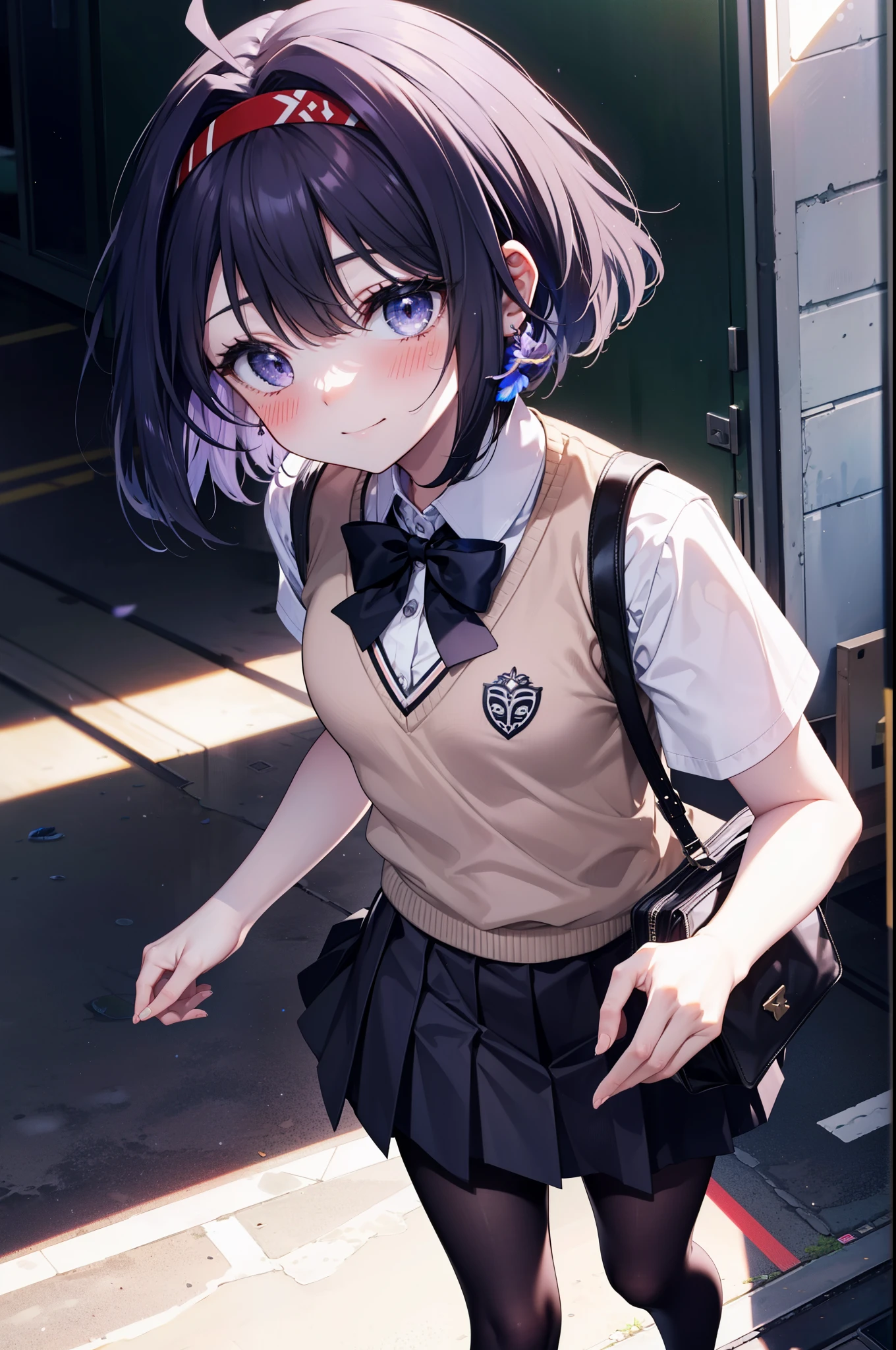 yuukikonno, Yuki Konno,Black Hair,short hair,Bob Hair ,Ahoge,Green headband,(Iris:1.5), (Small breasts:1.2), smile,break skirt, shirt, bow, ribbon, , white shirt, Short sleeve, Pleated skirt, collared shirt, mini skirt, bowtie, 茶色のloafers , Black Skirt, Black pantyhose, loafers, black bow, Sweater vest, purple Sweater vest:1.5),whole bodyがイラストに入るように,Walking,
break indoors,  In town,Building district,
break looking at viewer, whole body,
break (masterpiece:1.2), highest quality, High resolution, unity 8k wallpaper, (shape:0.8), (Beautiful details:1.6), Highly detailed face, Perfect lighting, Highly detailed CG, (Perfect hands, Perfect ???????),