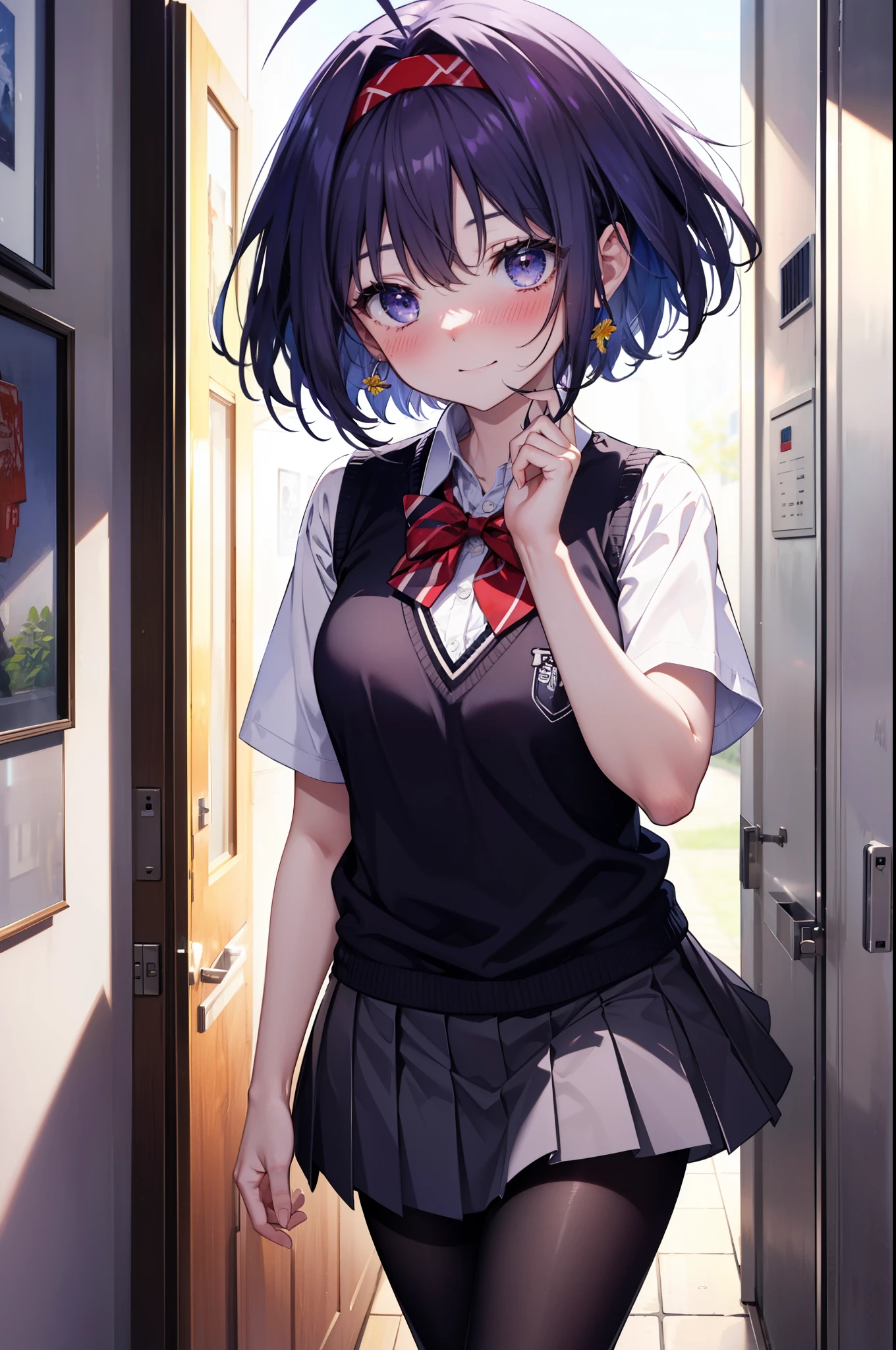 yuukikonno, Yuki Konno,Black Hair,short hair,Bob Hair ,Ahoge,Green headband,(Iris:1.5), (Small breasts:1.2), smile,break skirt, shirt, bow, ribbon, , white shirt, Short sleeve, Pleated skirt, collared shirt, mini skirt, bowtie, 茶色のloafers , Black Skirt, Black pantyhose, loafers, black bow, Sweater vest, purple Sweater vest:1.5),whole bodyがイラストに入るように,Walking,
break indoors, In town,Building district,
break looking at viewer, whole body,
break (masterpiece:1.2), highest quality, High resolution, unity 8k wallpaper, (shape:0.8), (Beautiful details:1.6), Highly detailed face, Perfect lighting, Highly detailed CG, (Perfect hands, Perfect Anatomy),