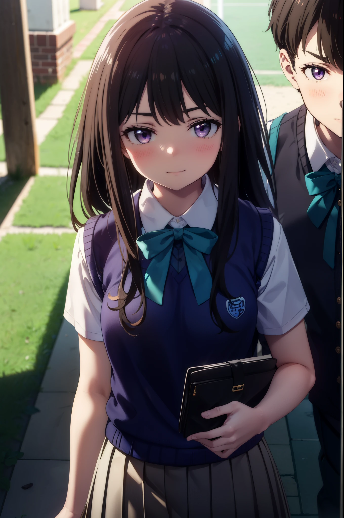 Takiuchi, Inoue Check, Long Hair, bangs, Black Hair, (Purple eyes:1.2),smile,blush,whole body,
break skirt, shirt, bow, ribbon, , white shirt, Short sleeve, Pleated skirt, collared shirt, mini skirt, bowtie, 黒いloafers , Black Skirt, Black pantyhose, loafers, green bow, Sweater vest , ( blue Sweater vest:1.5),Daytime,sunny,walk,whole bodyがイラストに入るように,Looking down from above, break looking at viewer,whole body,
break indoors, School corridor,
break (masterpiece:1.2), highest quality, High resolution, unity 8k wallpaper, (shape:0.8), (Beautiful details:1.6), Highly detailed face, Perfect lighting, Highly detailed CG, (Perfect hands, Perfect Anatomy),