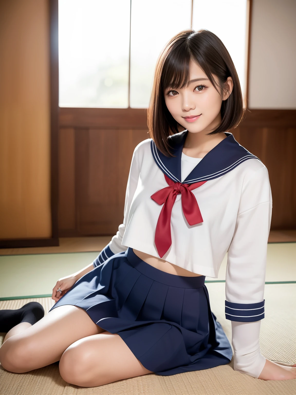 (highest quality:1.5)、(Realistic:1.5)、(1 person:1.5)、Very detailed、High resolution、8k、medium breasts、Natural color lips、Cute Smile、Japanese women、20-year-old girl、Beautiful and elegant face、Perfect and beautiful face、Balanced big eyes、Brunette eyes、Beautiful and elegant face、Natural double eyelids、Natural Bangs、Beautiful thin nose、Beautiful Skin、(Medium Bob Hair)、Natural Bangs、Perfect and beautiful face、Slim face and figure、Look at the viewers、、School Sailor Uniform、pleated micro miniskirt,、Knee-high socks、Beautiful navel、Open the navel、臍が見えるタイトなSchool Sailor Uniformを着ている、High-angle composition、(Staring at the camera with a sweet smile)、Bright lighting、Professional Lighting、Forward lighting、Beautiful feet:1.2、Smooth Skin、Slim Body、Slim waistline、slim thin thighs、Sitting in a tatami room、Japanese-style room
