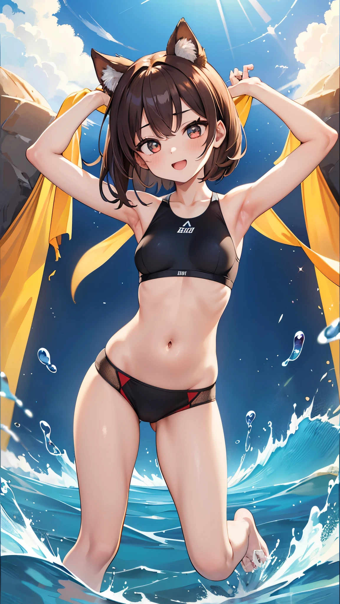 (original character、Unit 16K Wallpaper, masterpiece, Best Quality, Ultra-be familiar with, Extremely be familiar with CG, Caustics, Cinema Lighting, be familiar with, Beautiful be familiar with Eyes, only), Ultra-high resolution, Thin Skin, (Athletics:1.2) 、(Strong light)、Oily skin,They're laughing , from the front:1.2、(Sexy Woman)、Arena、Full Body Shot、divide、Racing Bloomers、Show off your belly,Show off your neck,sunny day、Cowboy Shot,Brown Hair、Show your armpits