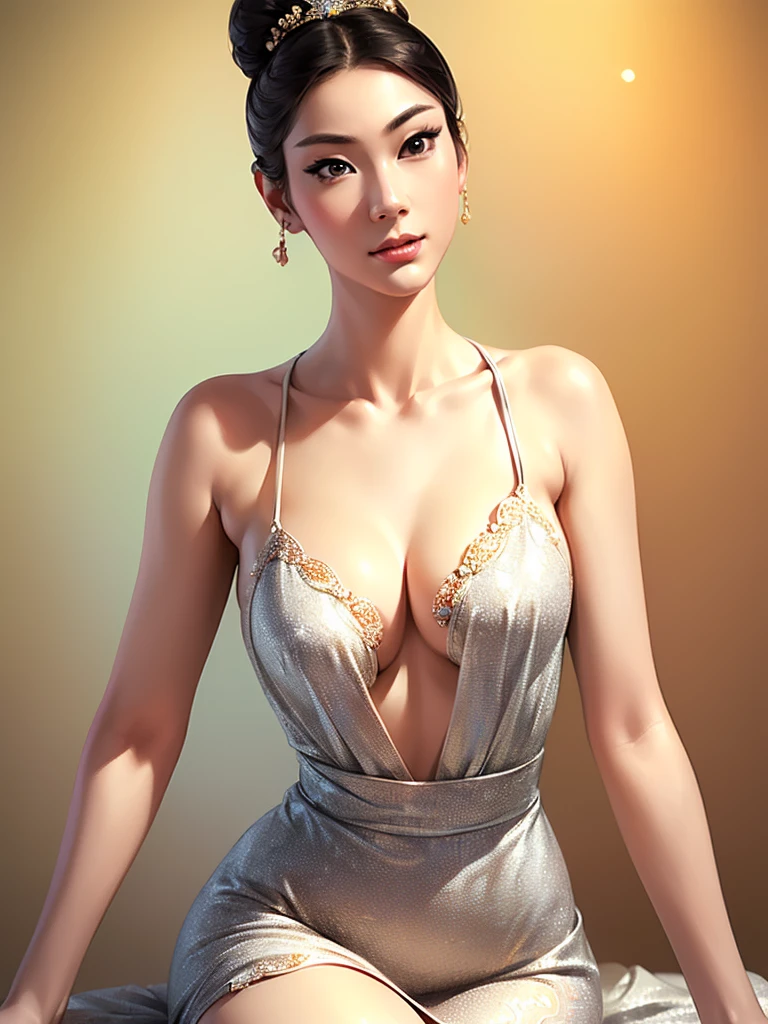 (best quality,ultra-detailed,realistic:1.37),(Korean:1.1)(beautiful detailed dress,adult,woman,detailed description),(beautiful detailed woman,beautiful Chinese background,exposed collarbone),(black eyes,natural eyes,realistic facial features,beautiful leg line),(sexy,full body photo,realistic body proportions,accurate eye ratio),(frontal photo,realistic and slender face)