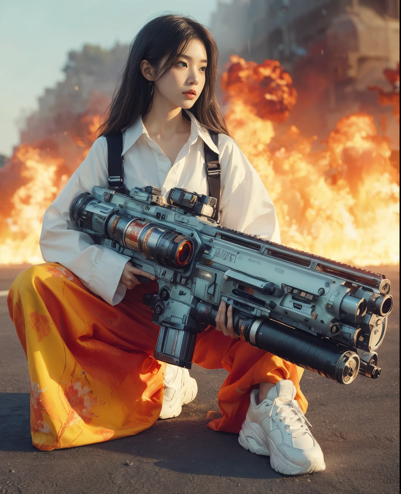 8k,Realistic Skin Texture、Realistic Photo、Beautiful Japanese Women、Near future、AD2050、White oversized dress shirt、Brightly colored wide pants、Holding a large, well-used laser gun、Carrying an energy pack、sneakers、Fire in the distance、noon、Dynamic pose、Innovative composition、、