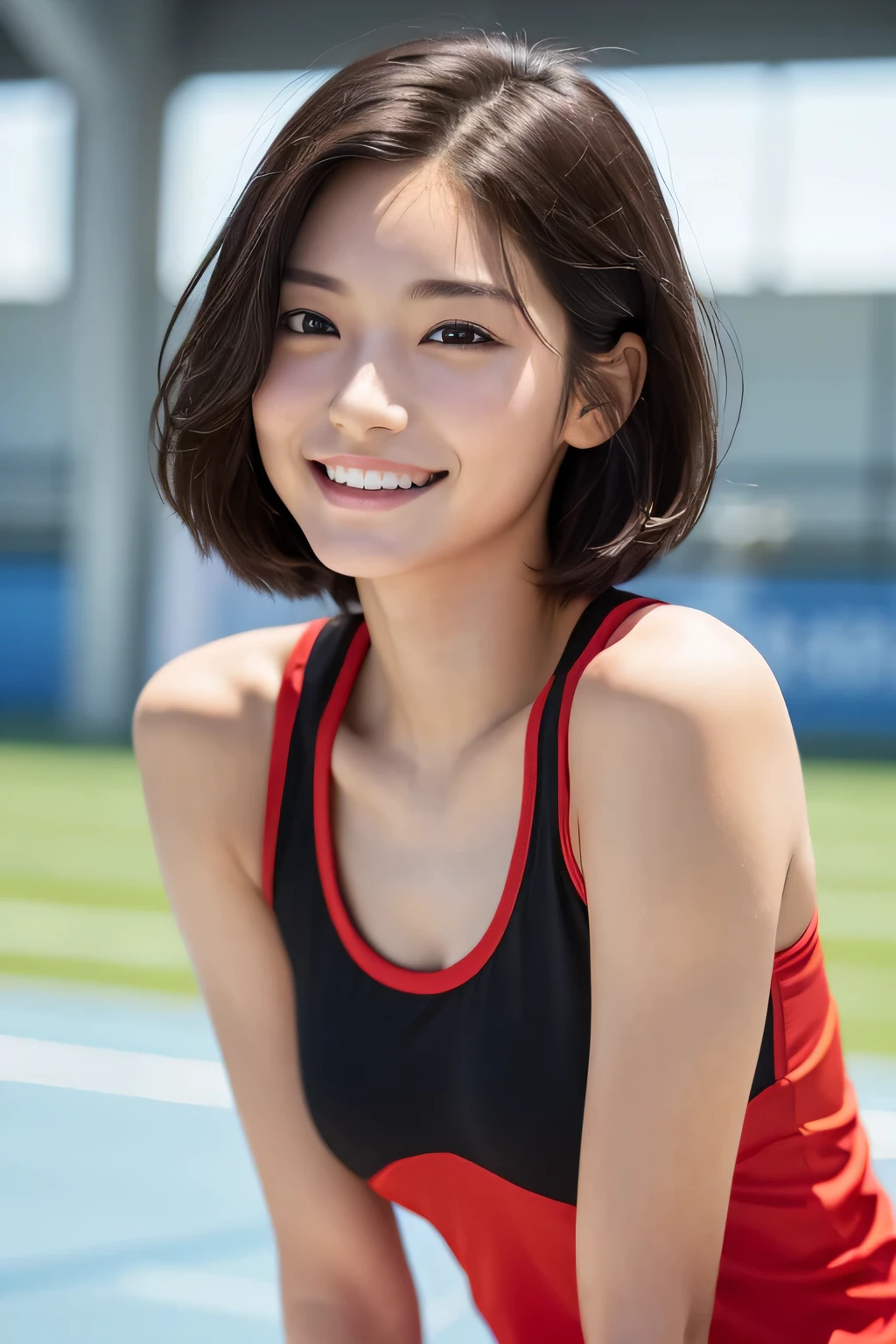 one girl, (a beauty girl, delicate girl:1.3), (16 years old, Gal:1.3), (Red sportswear:1.2), Very fine grain definition, (Symmetrical black eyes:1.3), Looking into the camera, Big smile, Showing teeth, (Track Field View:1.2), Very small breasts, Brown short hair, girl, (Eye and facial details:1.5), (masterpiece, highest quality, Super detailed, Detailed face, 8k), Cowboy Shot From Below, Hunchback posture