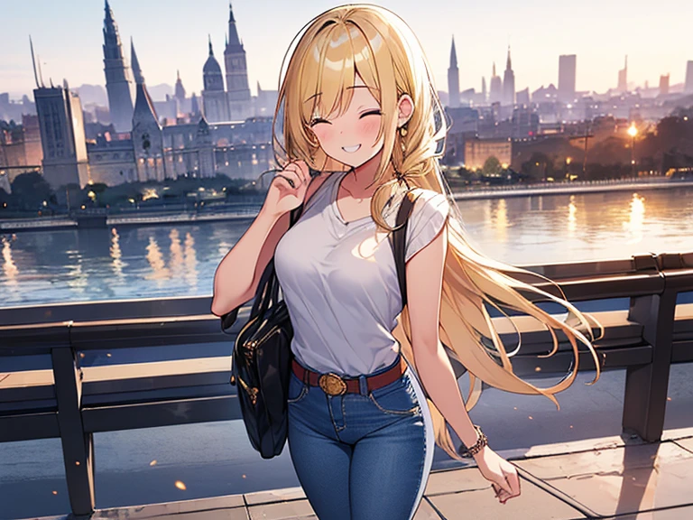 Masterpiece, Top quality, (1 beautiful girl :1.2), Blonde, straight hair, fishtail braid, 20 year old, standard weight, (jeans :1.2), (smile :1.3), blush, closed eyes, shoulder bag, beautiful scene of city, blurry background, magnificent panorama view, dynamic pose