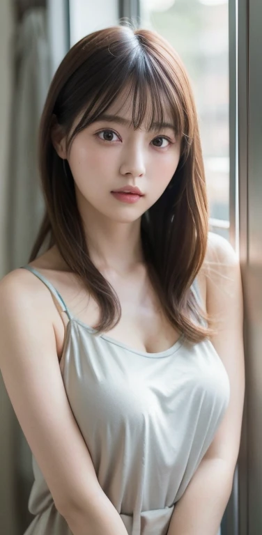 masterpiece, highest quality, 8k, 20th Generation, Big Breasts, cute, alone, sad, cute, girly, Delicate girl, Pure beauty, RAW Photos, Professional photography, Portraiture, Soft Light, Professional Lighting, Backlight, Upper Body, avert your eyes, Sophisticated, Film Grain, (Eye and facial details:1.0), floating short hair, beautiful, Flowing Hair, bangs, Loose Camisole、(Big Breasts:1.0)、A little bit of cleavage is visible、dolly make、Odd Eye、Left and right eyes are different colors