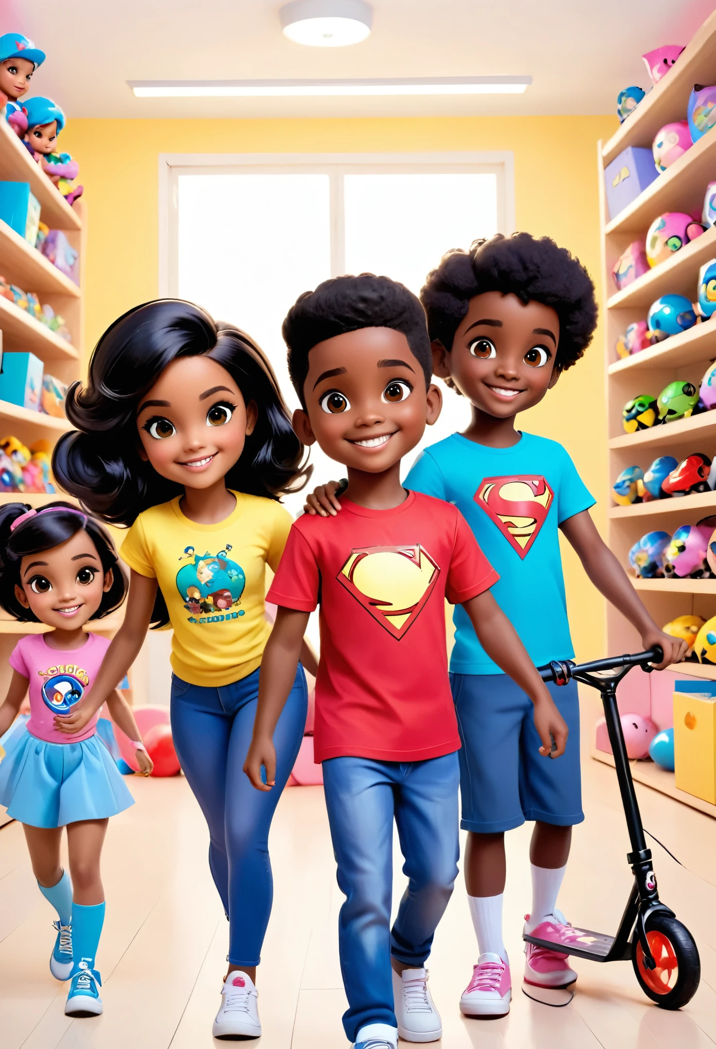 Four black children between 10 and ************, sendo 2 ******s e uma ,  com tshirts brancas sorridentes , with lots of toys at your feet, like superhero dolls, bicicletas, bonecas barbie, bolas de futebol e embrulhos de presente e sacos cheio de outros brinquedos em formato de cartoon tipo pixar, They are in a studio with nothing on the walls that are completely white and they are posing happily for a photo for Children&#39;s Day.