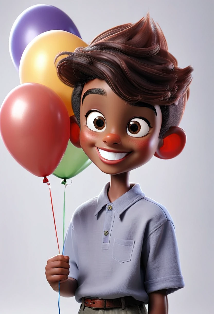 A boy is smiling and holding balloon on white background.