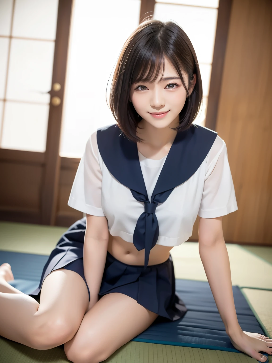 (highest quality:1.5)、(Realistic:1.5)、(1 person:1.5)、Very detailed、High resolution、8k、medium breasts、Natural color lips、Cute Smile、Japanese women、20-year-old girl、Beautiful and elegant face、Perfect and beautiful face、Balanced big eyes、Brunette eyes、Beautiful and elegant face、Natural double eyelids、Natural Bangs、Beautiful thin nose、Beautiful Skin、(Medium Bob Hair)、Natural Bangs、Perfect and beautiful face、Slim face and figure、Look at the viewers、、School Sailor Uniform、pleated micro miniskirt,、Knee-high socks、Beautiful navel、Open the navel、臍が見えるタイトなSchool Sailor Uniformを着ている、High-angle composition、(Staring at the camera with a sweet smile)、Bright lighting、Professional Lighting、Forward lighting、Beautiful feet:1.2、Smooth Skin、Slim Body、Slim waistline、slim thin thighs、Sitting in a tatami room、Japanese-style room
