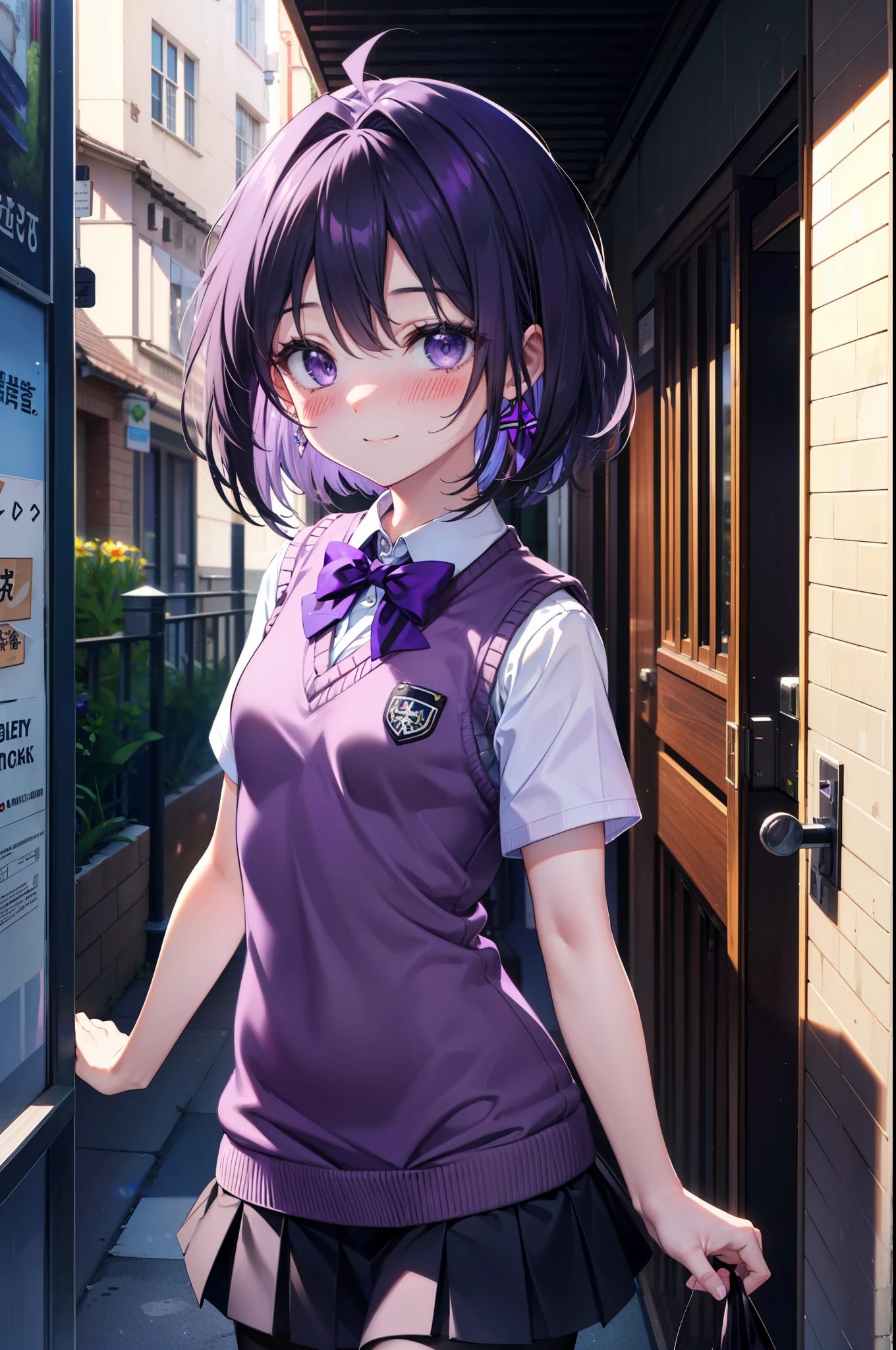 yuukikonno, Yuki Konno,Black Hair,short hair,Bob Hair ,Ahoge,Green headband,(Iris:1.5), (Small breasts:1.2), smile,break skirt, shirt, bow, ribbon, , white shirt, Short sleeve, Pleated skirt, collared shirt, mini skirt, bowtie, 茶色のloafers , Black Skirt, Black pantyhose, loafers, black bow, Sweater vest, (purple Sweater vest:1.5),whole bodyがイラストに入るように,Walking,
break indoors, In town,Building district,
break looking at viewer, whole body,
break (masterpiece:1.2), highest quality, High resolution, unity 8k wallpaper, (shape:0.8), (Beautiful details:1.6), Highly detailed face, Perfect lighting, Highly detailed CG, (Perfect hands, Perfect Anatomy),