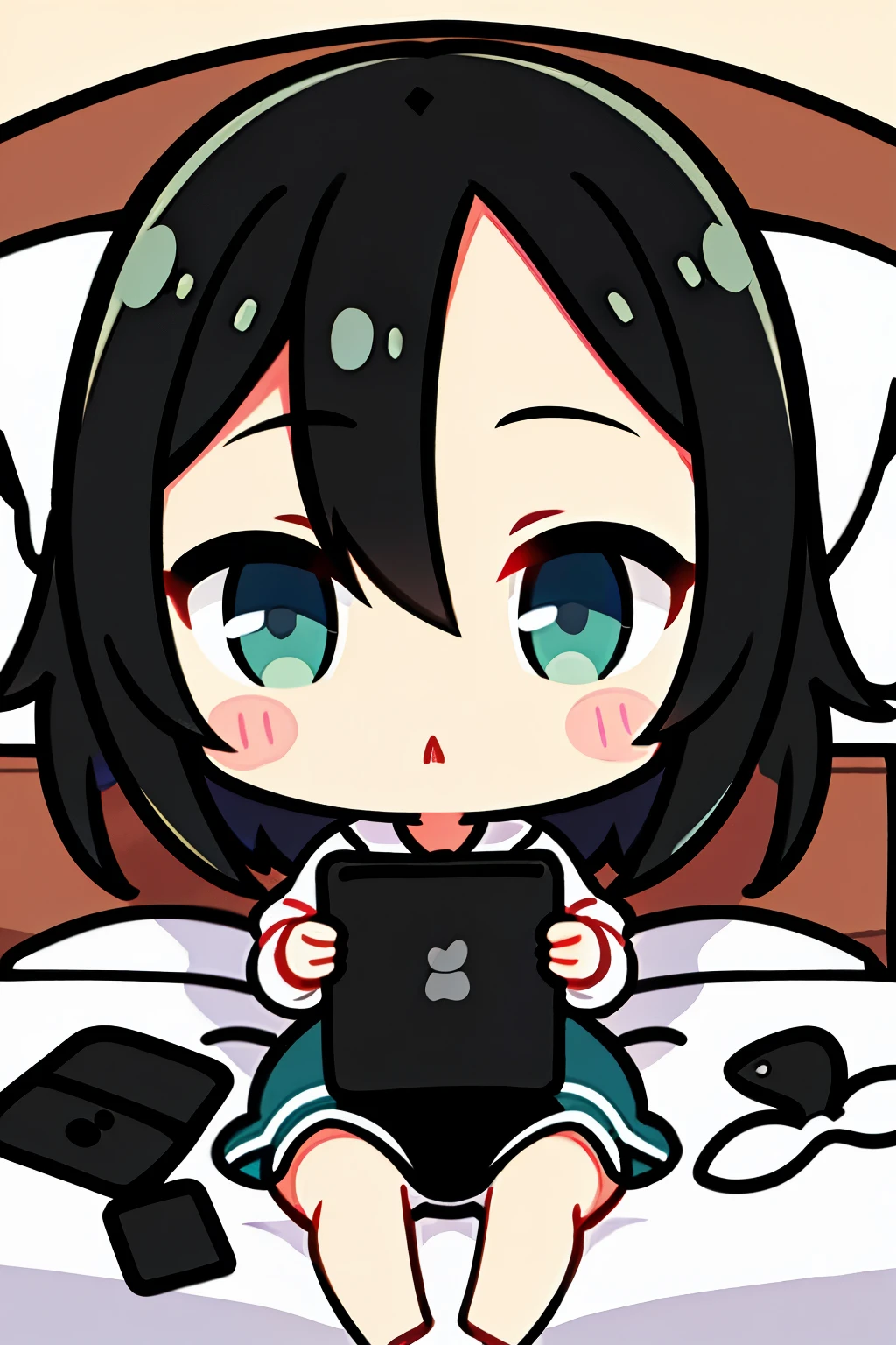 Black hair girl looking at mobile phone in bed。Stick figure style。