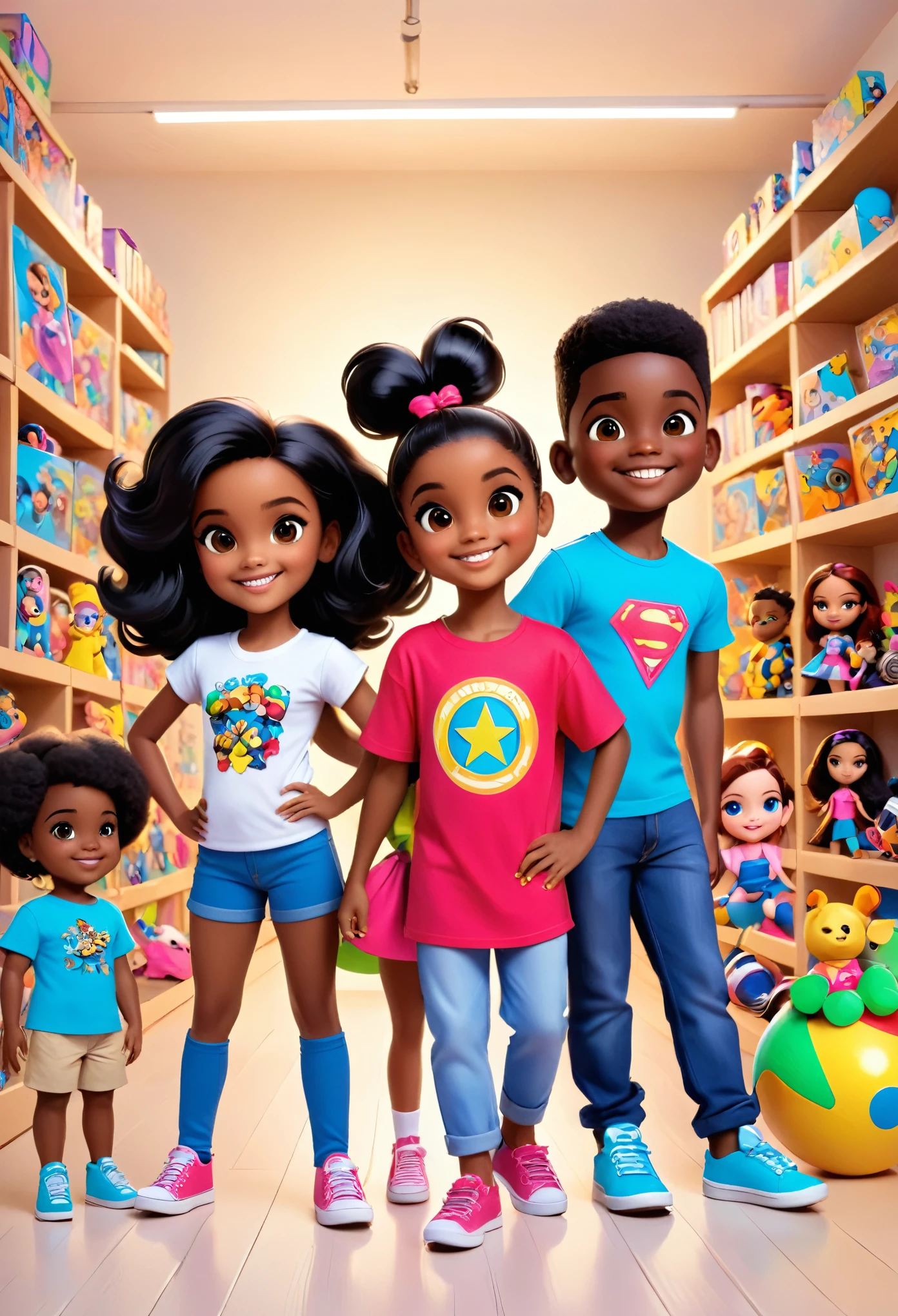 Four black children between 10 and ************, sendo 2 ******s e uma ,  com tshirts brancas sorridentes , with lots of toys at your feet, like superhero dolls, bicicletas, bonecas barbie, bolas de futebol e embrulhos de presente e sacos cheio de outros brinquedos em formato de cartoon tipo pixar, They are in a studio with nothing on the walls that are completely white and they are posing happily for a photo for Children&#39;s Day.