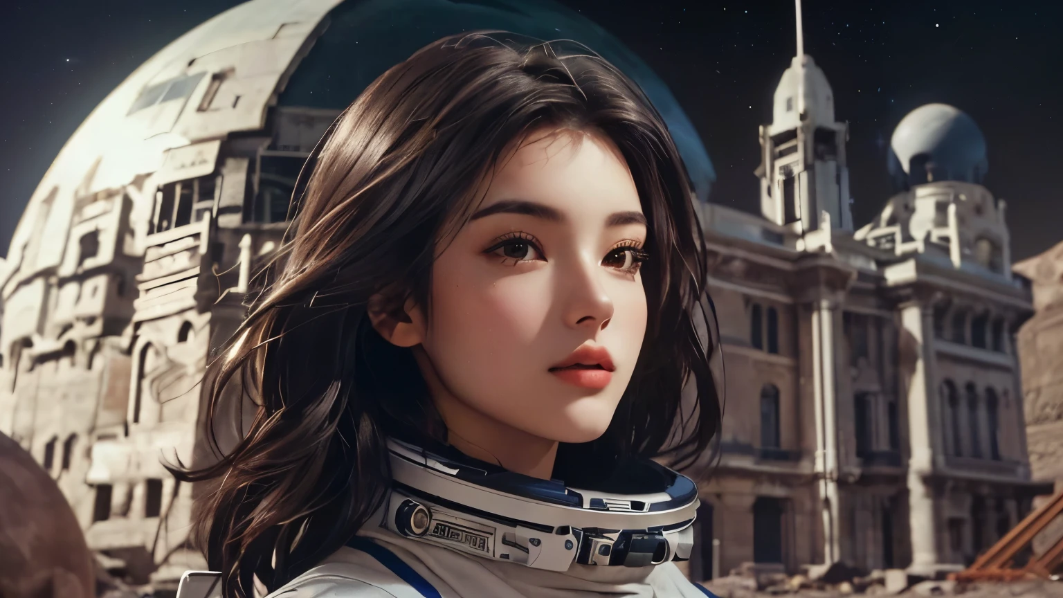 A beautiful woman with a close-up of her upper body. Dark brown hair. Twenty years old. She is wearing a space suit and standing in front of a dome-shaped building on the moon.