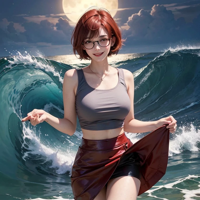 young woman, short red hair, glasses, freckles, smiling, lifting skirt, sheer under chest top, ocean beach, huge waves, moonlight